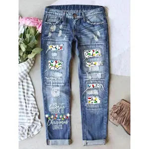 Christmas Light Patch Print Jeans, Shiny Rhinestones, Faded Ripped Design, Cat Whisker Craft, Breathable Fabric, Elastic Waistband