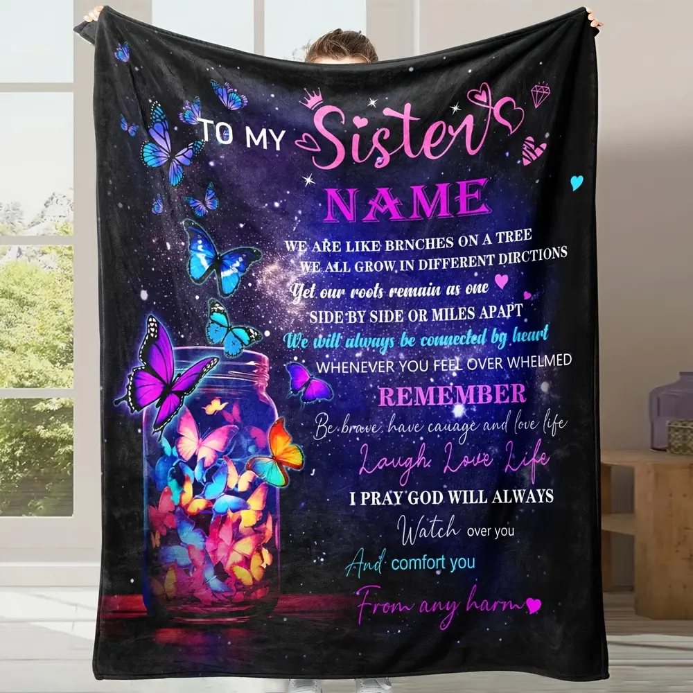1pc Customized Sister's Name Blanket, Text Blessing Theme Customized Blanket, Customized Name Gift Blanket, Gift for Family, Personalized Customized Text Blanket, Customized Name Text Printed Gift Blanket, Winter Blanket, Sleep Blanket, Soft,