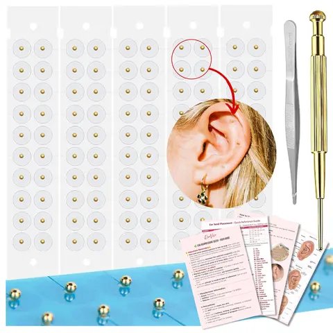 24K Gold Ear Seed Multi-Pack Kit – 100 Seeds, Free Chart, Brass Probe, Tweezer for Home Use Manual Massage Tool