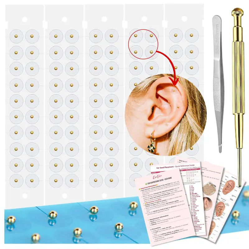 24K Gold Ear Seed Multi-Pack Kit – 100 Seeds, Free Chart, Brass Probe, Tweezer for Home Use Manual Massage Tool