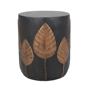 Copper 15.25*15.25*18.50 Inch Cylindrical Lightweight Concrete Side Table, Boho Leaf Pattern Magnesium Oxide Accent Table, High Sturdy Load Bearing No Assembly Decor End Table for Patio Balcony Indoor Outdoor Home
