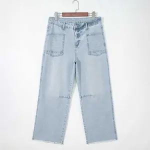 Beau Blue Frayed Cropped Straight Leg Jeans, Casual Daily Wear For Women, High Waist Comfortable Slimming Classic Streetwear Denim OutfitSummerVibes