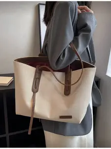 Beige Brown PU Leather Women Handbag Fashion Simple Large Capacity Color Block Zipper Closure Multifunctional Tote Bag Casual Commuter Bag for Daily Commute Work School Casual Travel Retro Style