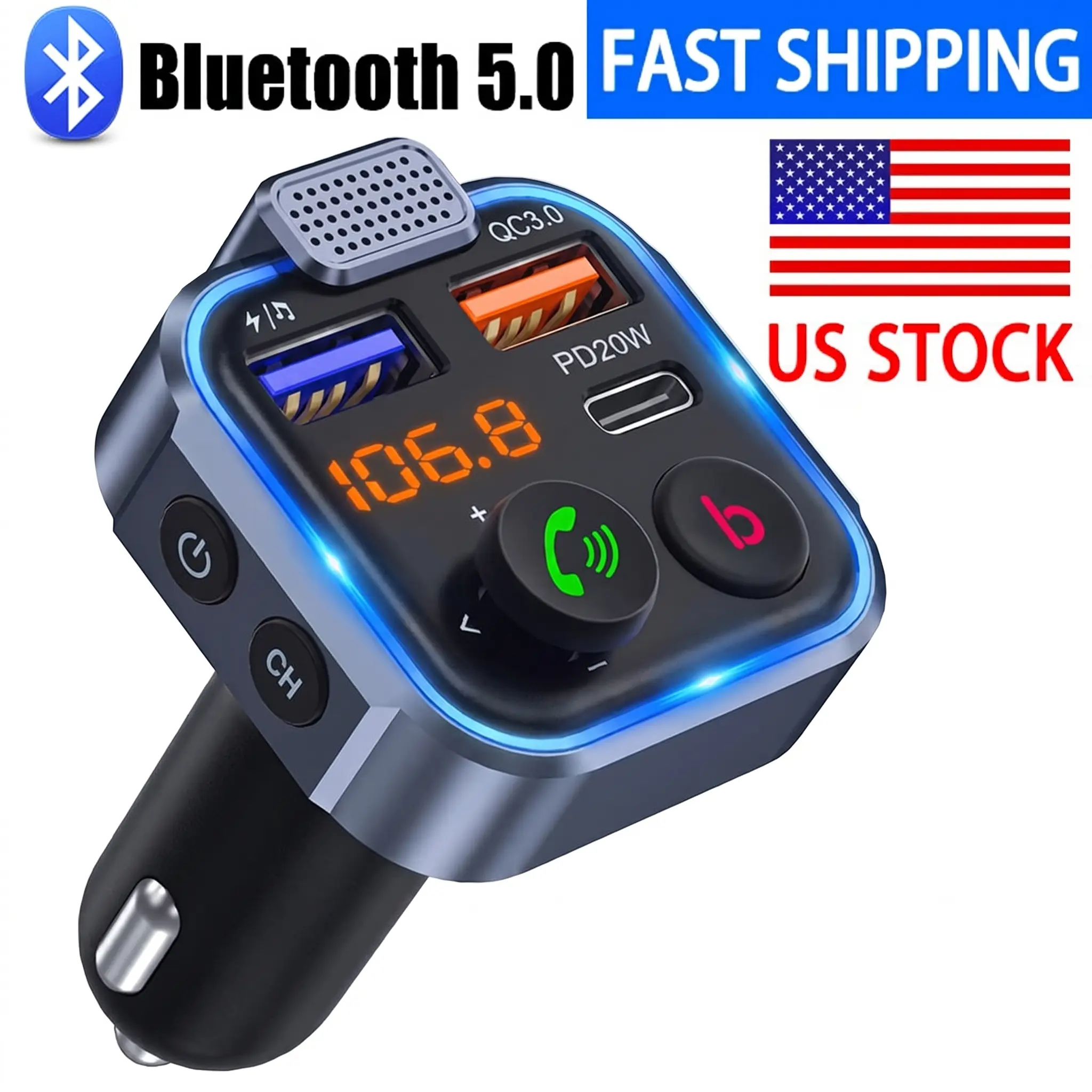 Bluetooth Car FM Transmitter with Ambient Light, BASS Boost, Hands-Free Calling, Dual USB Wireless Charging, Multifunctional MP3 Player - Outdoorfun Gift Automotive Accessory