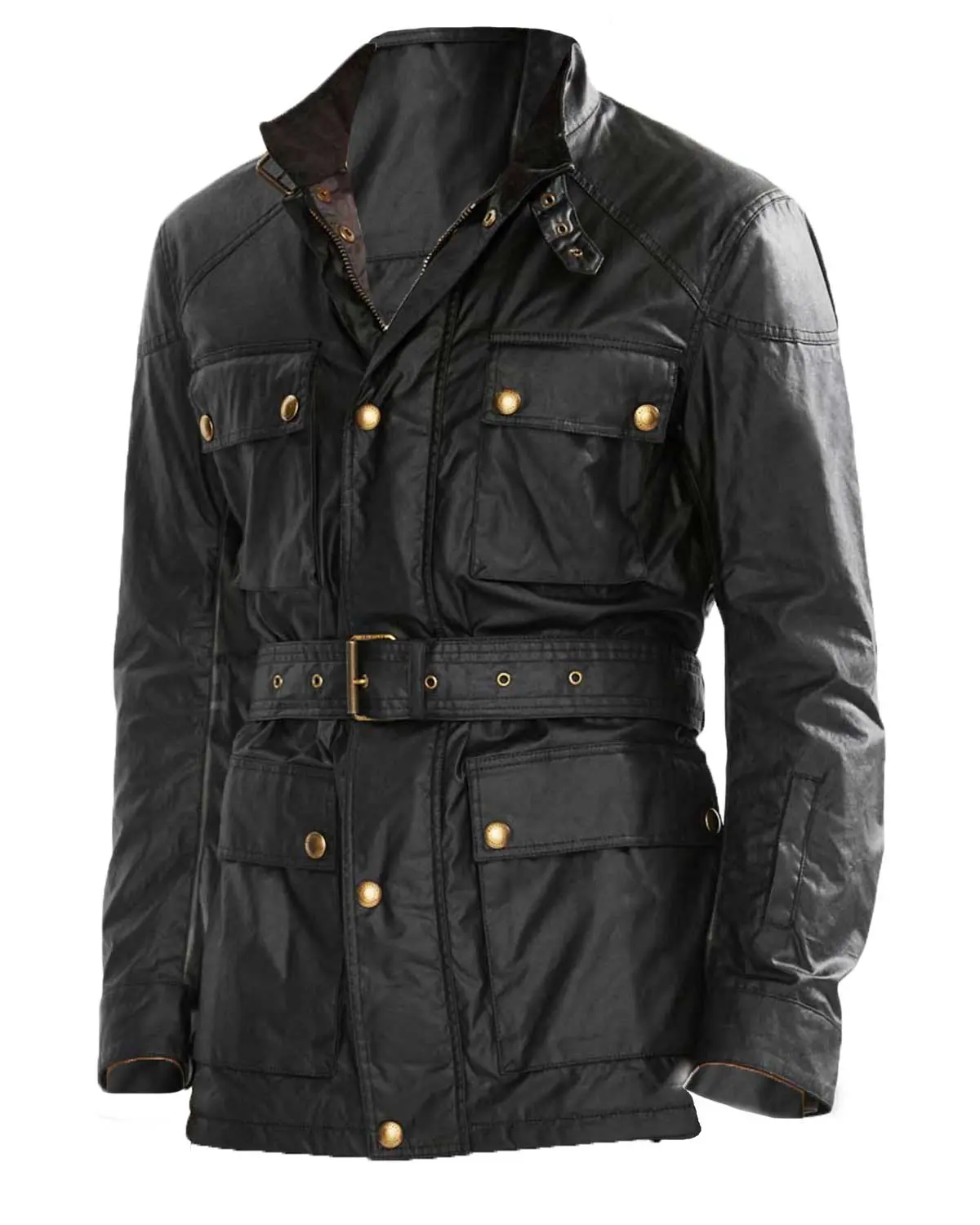 MotorCycleJackets Men’s Four Pocket Belted Black Leather Jacket