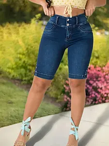 Women's fashion deep blue stretch high-waisted denim shorts, hip-lifting V-shape, broken fracture edge, daily summer, machine washable, soft comfortable, double button design. Womenswear Bottom