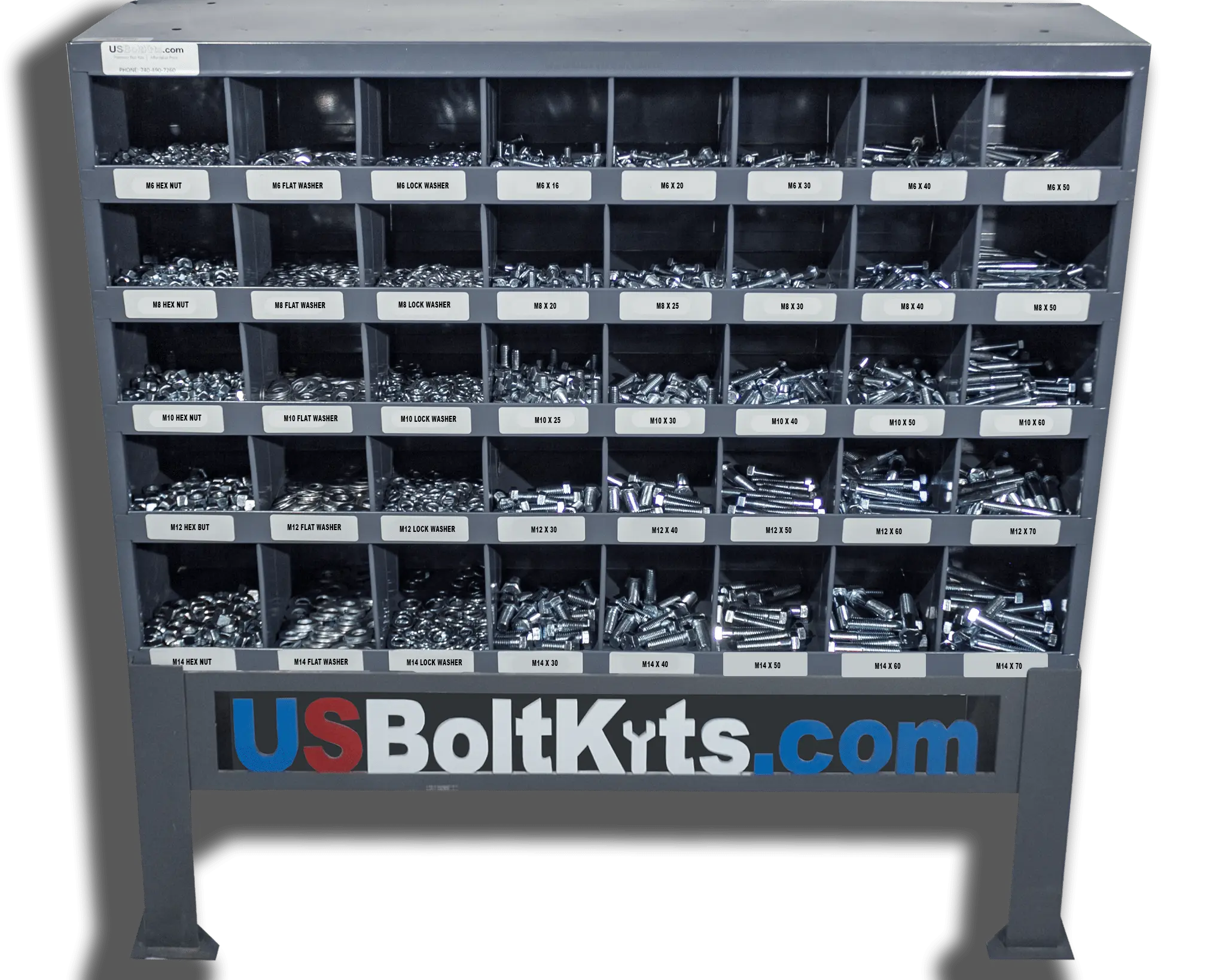 Metal 40-Hole Bin Kit Organiser with 3625 Metric Class 8.8 Coarse Thread Zinc-Plated Steel Fasteners (72 lbs Capacity, Hex Cap Screws Included) – 33" x 8-1/2" x 24" Tool Organizer for Tool Boxes