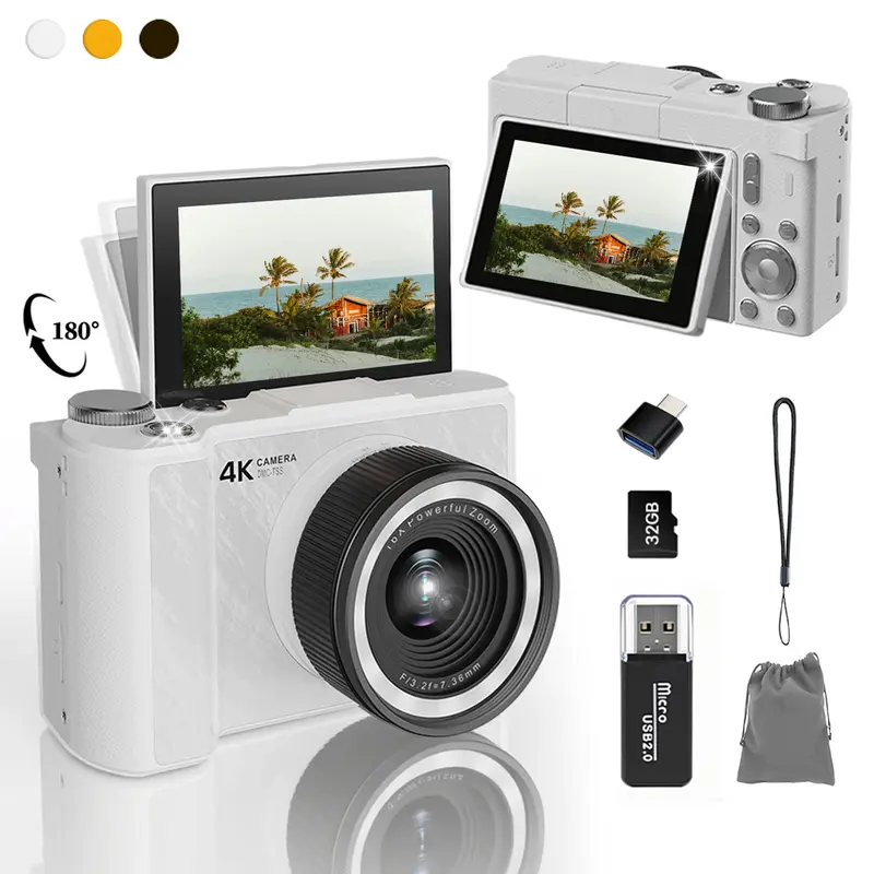 Digital Camera for Photography with Fill Light, 4K Vlogging Camera, 16X Digital Zoom Compact Cameras, 180°Flip Screen Camera, 48MP Vlogging Camera with 32GB Card, Point and Shoot Digital Cameras