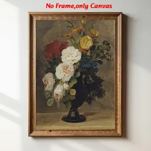 1 pc, wall art, Vintage poster, ANTIQUE VASE canvas painting, floral oil painting style art print in white red yellow, living room decor, bedroom decor aesthetic, dining room decor, housewarming gift, unframed