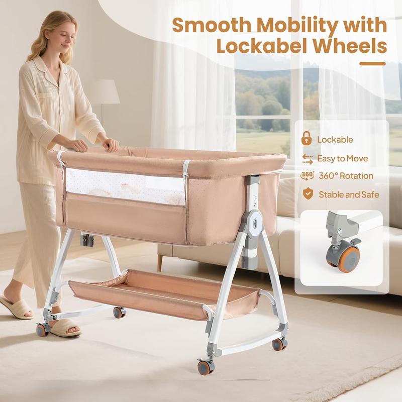 JOYMOR Baby Bassinet with Changing Table, Bedside Bassinet for Baby with Comfy Mattress and Wheels, 6 Height Adjustable Easy Folding Portable Bedside Crib for Newborn (Beige)
