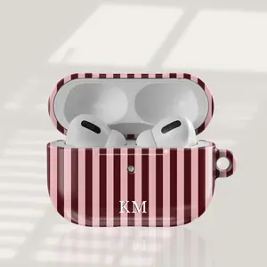 Burgundy & Pink Stripe AirPod Case • Personalized Monogram Airpods 4 Case • Custom Initial Name