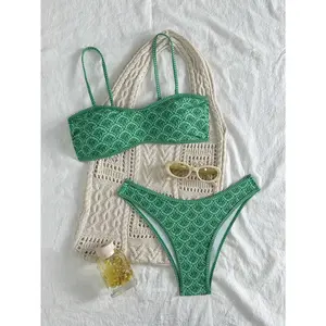 Two Pieces Of Women's Green Print Paired With Flat Chest Bikini, Detachable Shoulder Strap Suitable For Vacation Photography