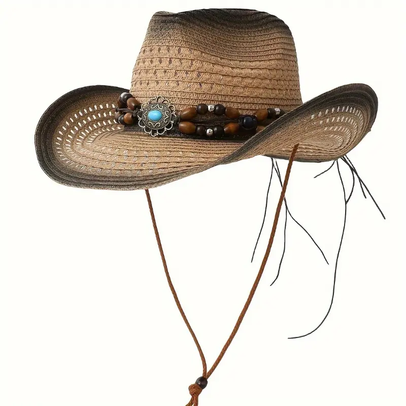 British Style Straw Fedora Hat - Lightweight, Breathable Summer Sun Hat with Decorative Beaded Band, Rolled Brim, Tassel Detail, Western Buckle for Men and Women, Western Buckle Hats