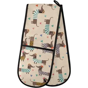 Double Oven Mitts Cute Dachshunds Dogs Heat Resistant Oven Glove Extra Long Potholder for Kitchen Cooking Baking BBQ Microwave Handling Hots and Pans, 35x7 Inch