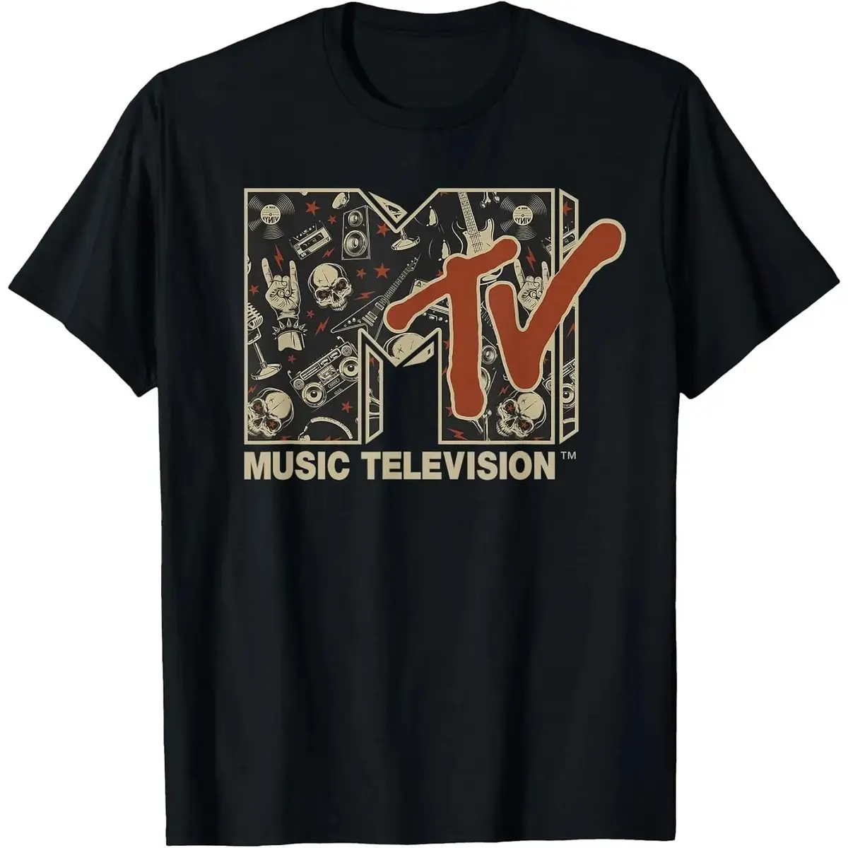 Women's Short-Sleeve Classic Round Neck Unisex MTV Vintage Rock N Roll Print Tee, Retro Heavy Metal Skull Guitar Graphic Casual Summer Streetwear Top