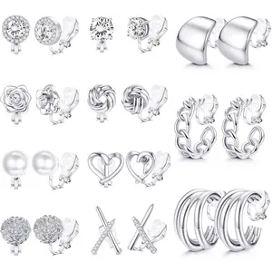 11 Pairs Clip  Earrings for Women  14K  Plated Chunky Clip  Hoop Earrings for Non Pierced Ears Rhinestone Knot Flower  Stud Earring Set Ear Clips