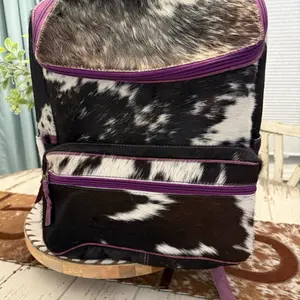 Purple Leather Cowhide Backpack with Unique Cowhide Design and Purple Accents