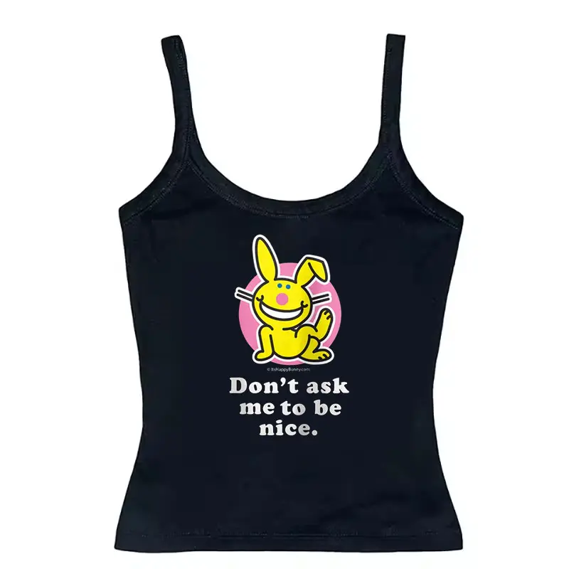 Funny Bunny Y2K Camisole Top for Women – Cute Yellow Bunny Graphic Cami, 'Don’t Ask Me to Be Nice' Aesthetic Top | Y2K Fashion, Summer Streetwear, E-Girl Outfit, Grunge Vintage Style #y2k #aesthetic #egirl