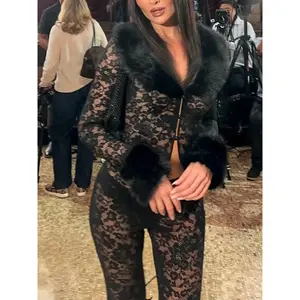 Women's Fashion Printed Leather Collar Lace Patch Sexy Transparent Pants Two Piece Set Autumn/Winter New ProductRAIMENTRY