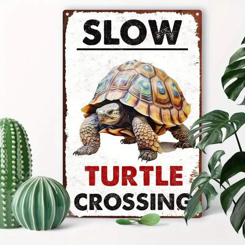 1pc Vintage Slow Turtle Crossing Aluminum Wall Decor Funny Road Sign Style with Turtle Graphic Heavy Duty Construction Pet Safe Decoration for Home Office Garage Easy Hang No Wiring Needed 8x12 Inches Rustic Farmhouse