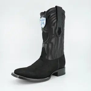 Wild West Men's Laser Nobuck Black Wide Square Toe Boot