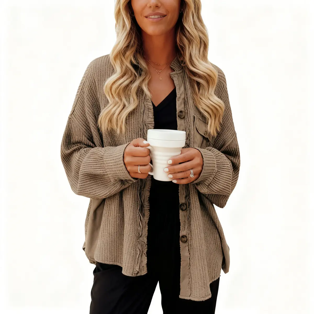 Women's Cute Elastane Plaid Waffle Knit Shacket - Loose Fit Collared Boyfriend Button-Down Top with Long Batwing Sleeves, Casual Athletic Knitwear, Basic