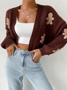women's loose-fit colorblock christmas gingerbread man embroidered sweater, casual fall & winter knitted cardigan, moderate fabric