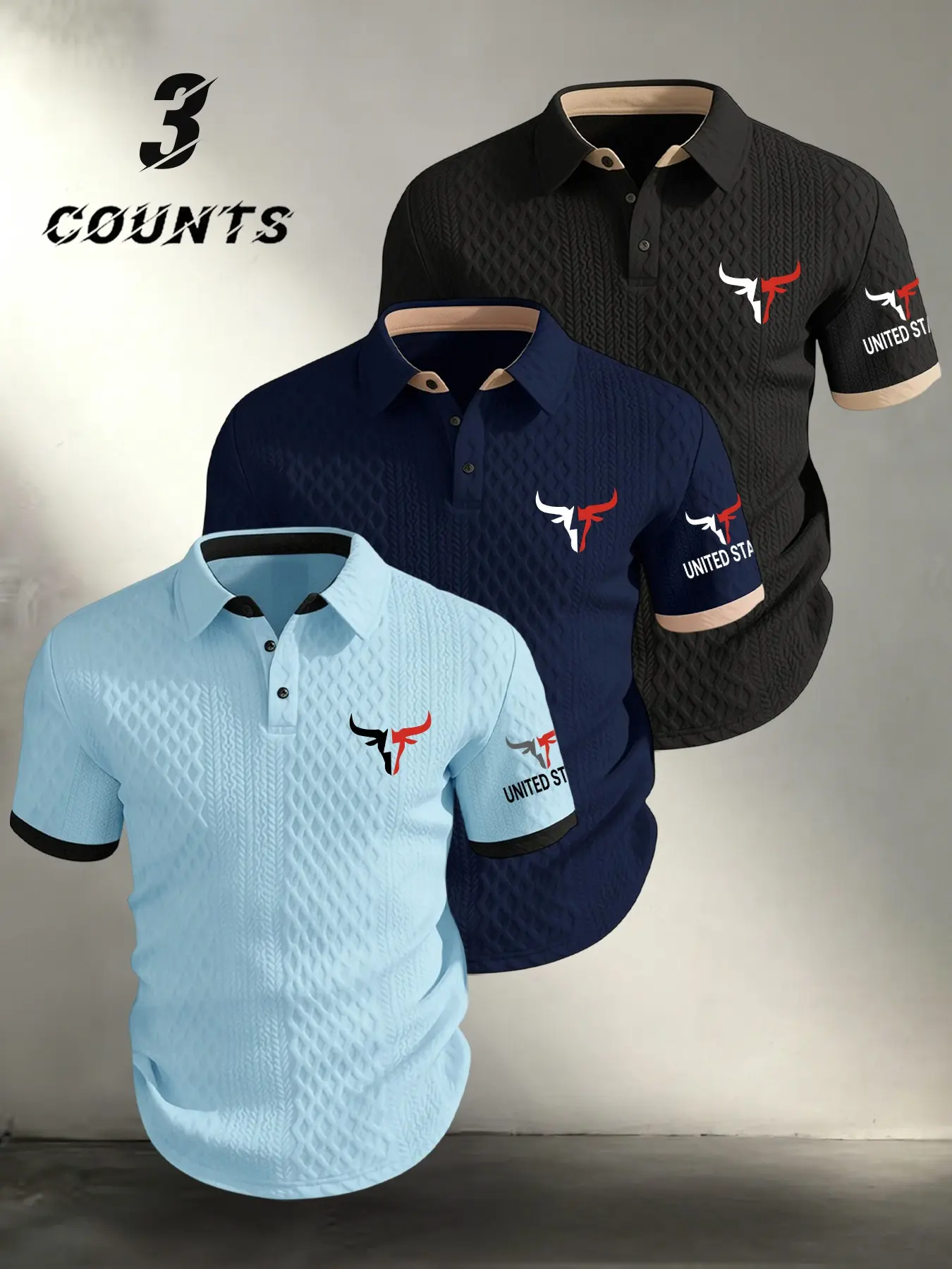 American Fashion Polo Shirt, Summer Polos, Casual Polo Shirts, Breathable Textured Fabric, Men's Daily Commute Casual Short Sleeve T-Shirt Set, Three-Piece