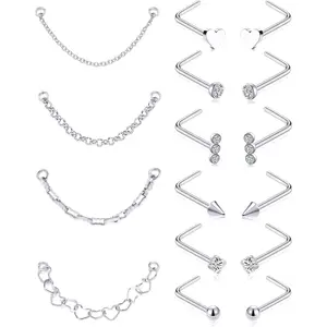 Nose Chain Piercing Across Double Nose Stud Chain CZ Heart Ball L Shaped Nose Chain(3.8CM-4.2CM) Nostril Piercing  for Women Men 20G   Tone