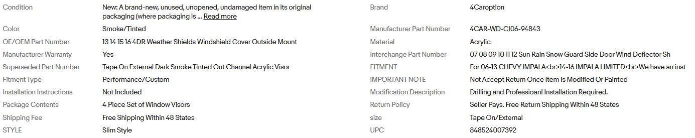 Fits 06-13 Chevy Impala 14-16 Impala Limited Window Visors Rain Sun Guard Vent