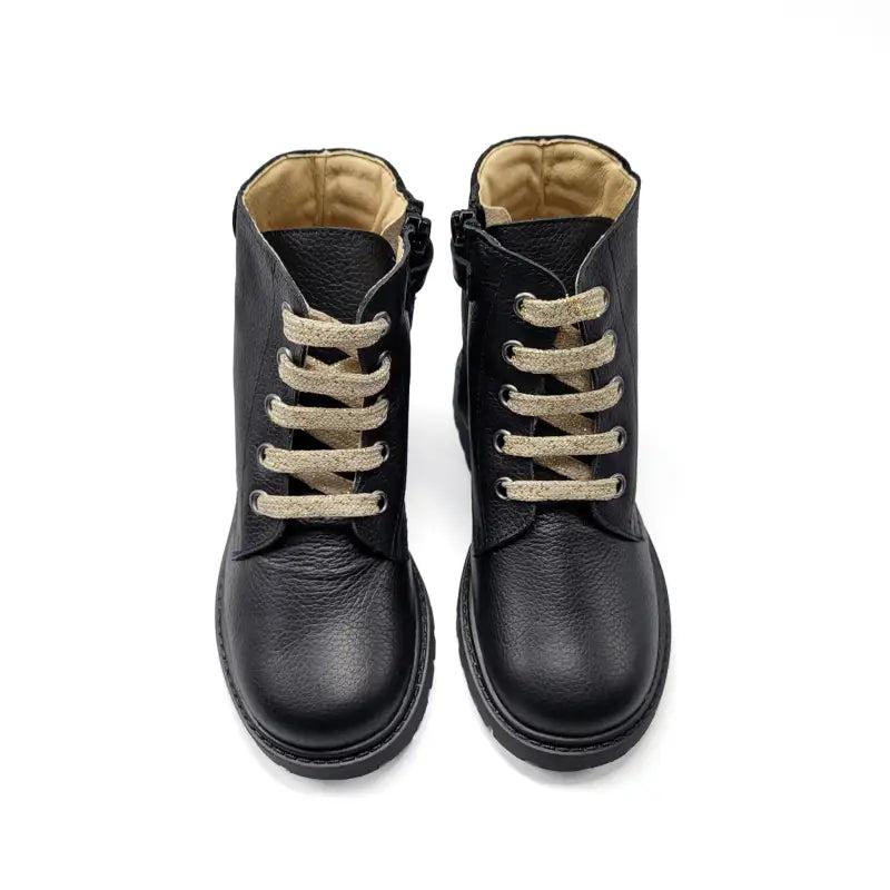 Andanines Black Leather Gold Heart Combat Bootie