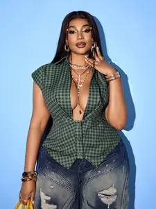 Plus Size Women's Vintage Plaid Blouse, Collar Sleeveless Waist Cinch Shirt, Retro Style for Daily Outing, Date, Party, Casual