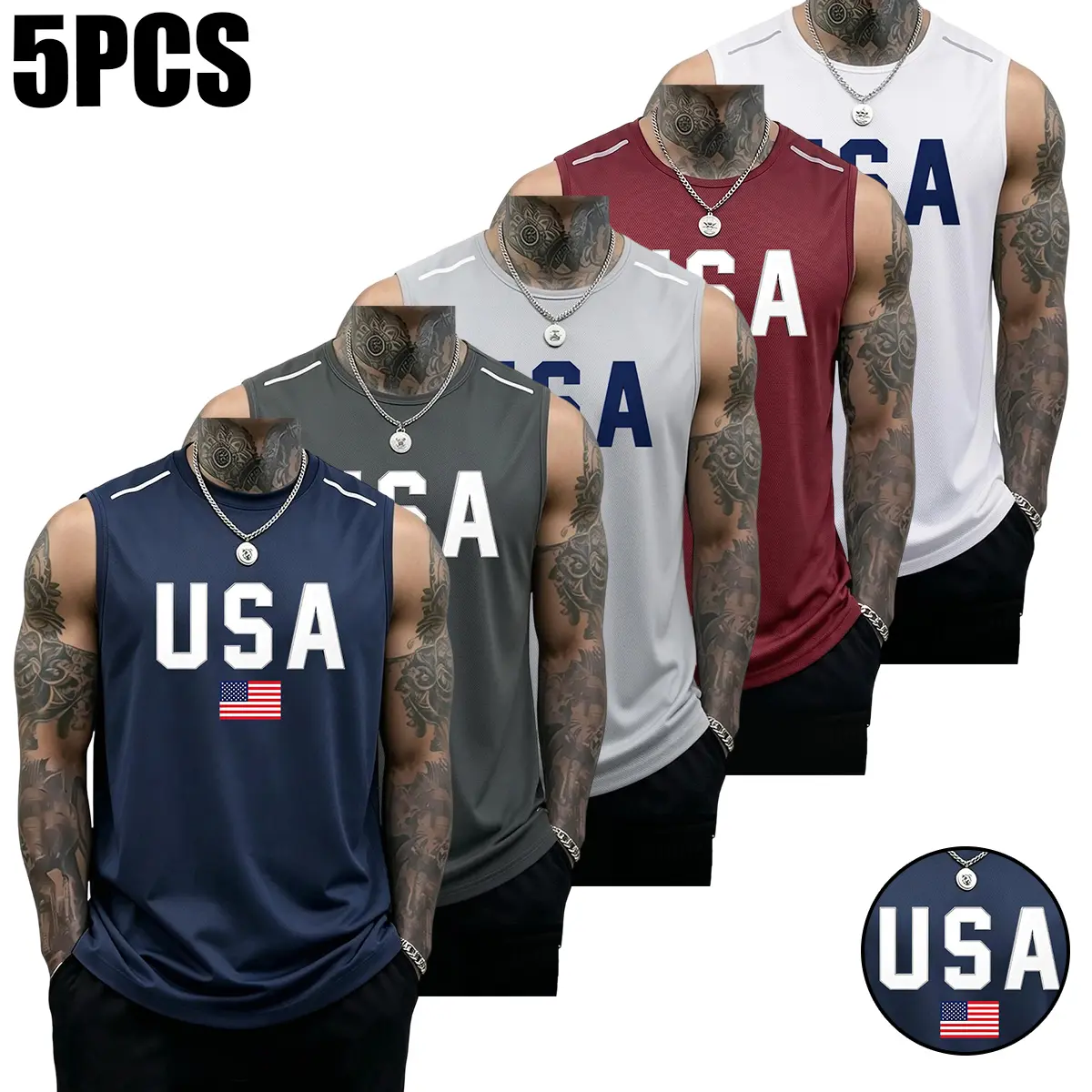 5PCS Men’s Tank Tops, casual soft sleeveless muscle T-shirt, fitness T-shirt, sports tank top, solid color design, creative USA flag print, summer vibe, SummerWins, versatile men’s tank tops, gift for men, men’s running tank tops, everyday men’s tank tops