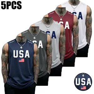 5PCS Men’s Tank Tops, casual soft sleeveless muscle T-shirt, fitness T-shirt, sports tank top, solid color design, creative USA flag print, summer vibe, SummerWins, versatile men’s tank tops, gift for men, men’s running tank tops, everyday men’s tank tops