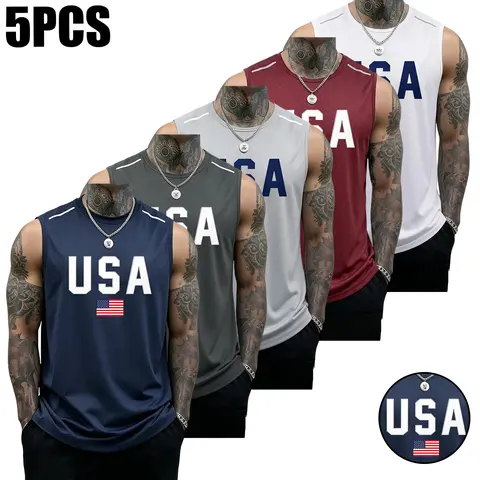 SummerWins Men’s Tank Tops (5PCS) - Black, Dark Blue, Light Gray, Army Green, Red, USA Flag Print, Soft Sleeveless Basics, Casual Sporty Streetwear Clothing, Athletic Apparel Tops, All Seasons Activewear, Fitness Gift