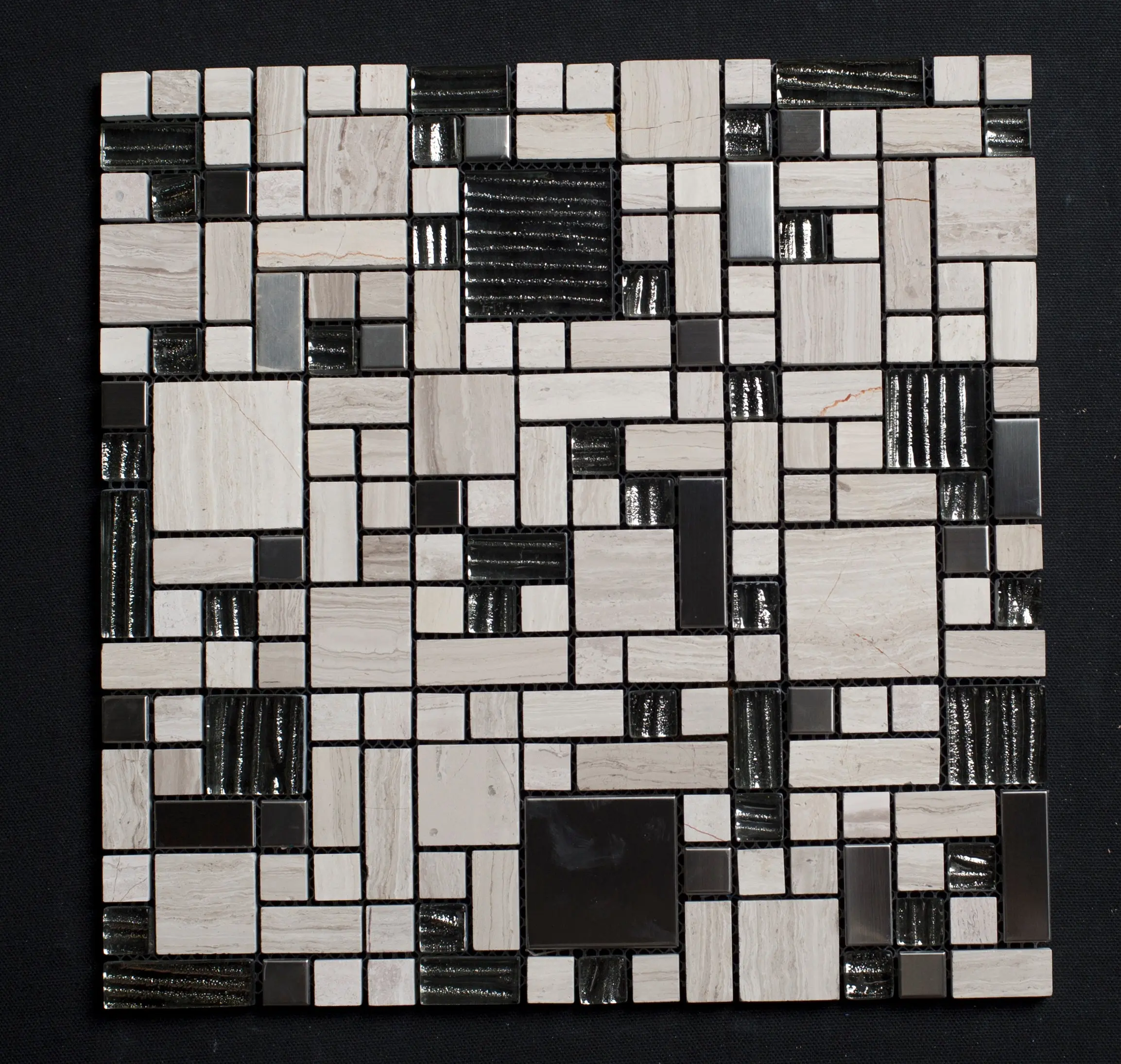 Glass Stainless Steel and Haisa Marble French Pattern Glass Mosaic Tile