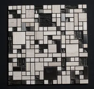 Glass Stainless Steel and Haisa Marble French Pattern Glass Mosaic Tile