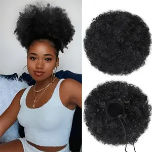 Afro Puff Drawstring Ponytail Extension Short Afro Wigs Curly Bun Hair Pieces For Women Clip On Kinky Curly Synthetic Hairpieces  Black 1B