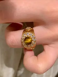 Maillard Style Luxury Retro Tiger Eye Ring - Wide Stackable Finger Rings Super Shiny Micro-Pave Brushed Index Jewelry for Women Vintage Rings