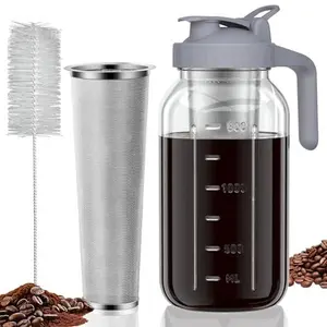 Cold Brew Coffee Maker Jar - 64oz Thick Glass Multipurpose Mason Pitcher Spout Lid with Handle & Stainless Steel Filter for Iced Coffee, Lemonade, Ice Tea, Homemade Fruit Drinks Container