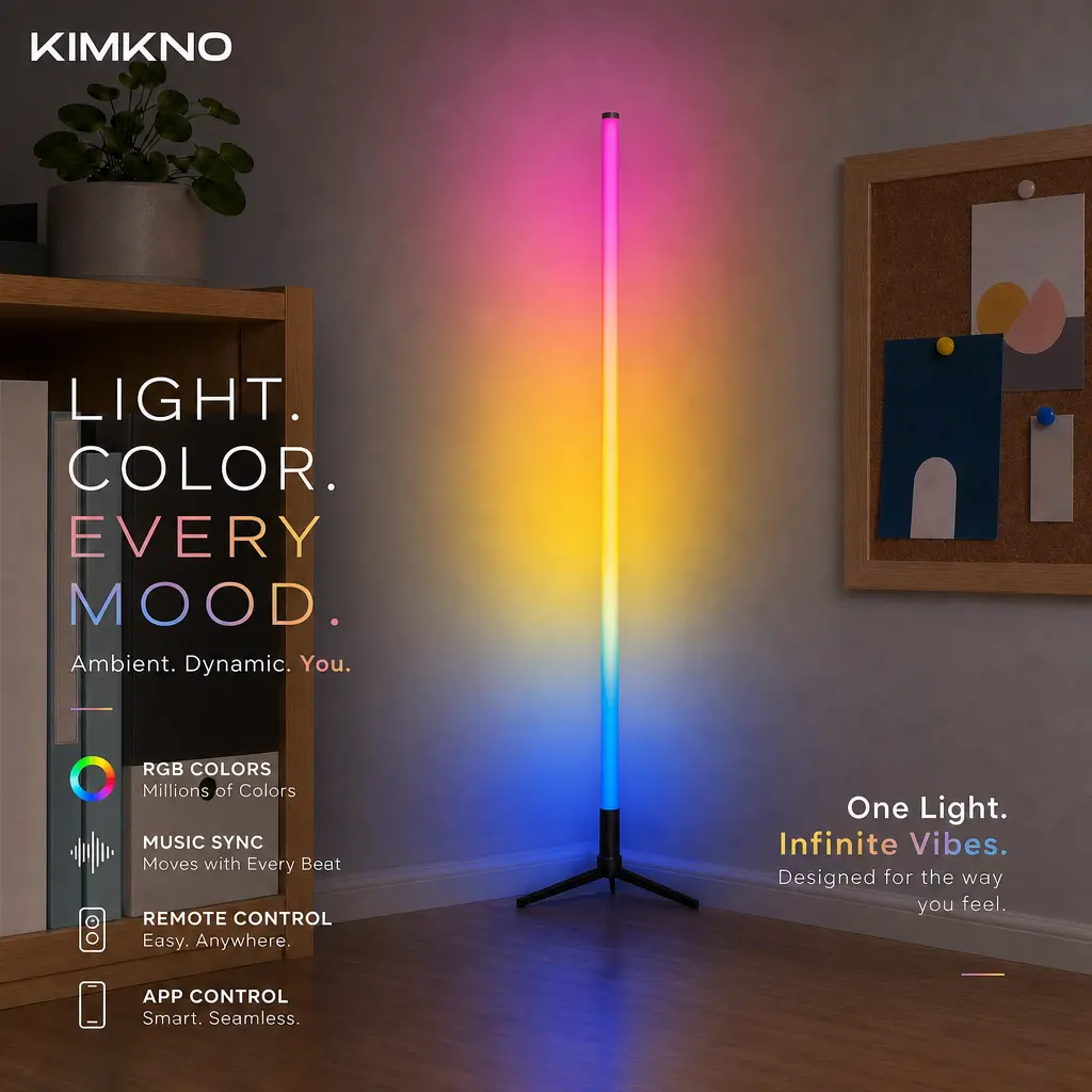 KIMKNO RGB Dorm Light Bar, USB-Powered LED Corner Floor Lamp with Remote, 16M Color Music-Sync Ambient Glow, Space-Saving Dimmable Mood Accent for College Students, Aesthetic Room Decor rhythm night romantic gaming bedroom