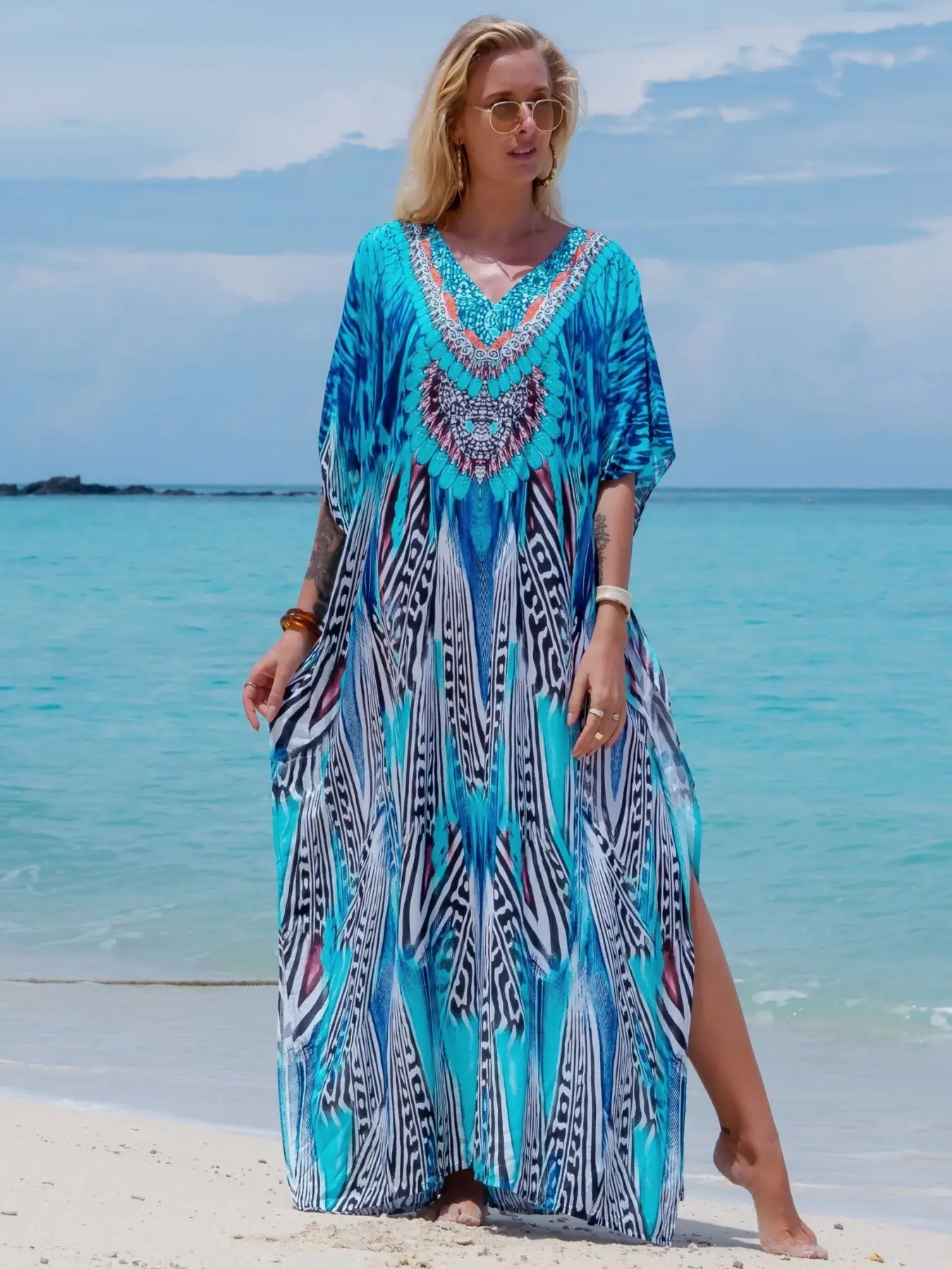 EDOLYNSA kaftans for woman muslim dress daily wear printing bathrobe relaxed Homewear cozy beach wear vacation Boho party versatile bathing suit cover