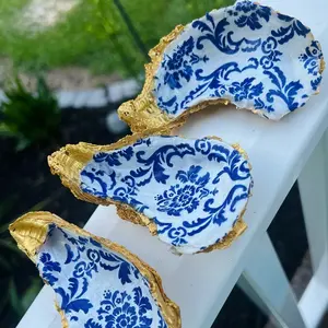 Set of 3- Decoupaged Gold Trimmed Oyster Shells black pearl