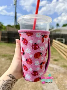 Pink Floral Ladybugs Cup Koozie (1ct) EXCLUSIVE