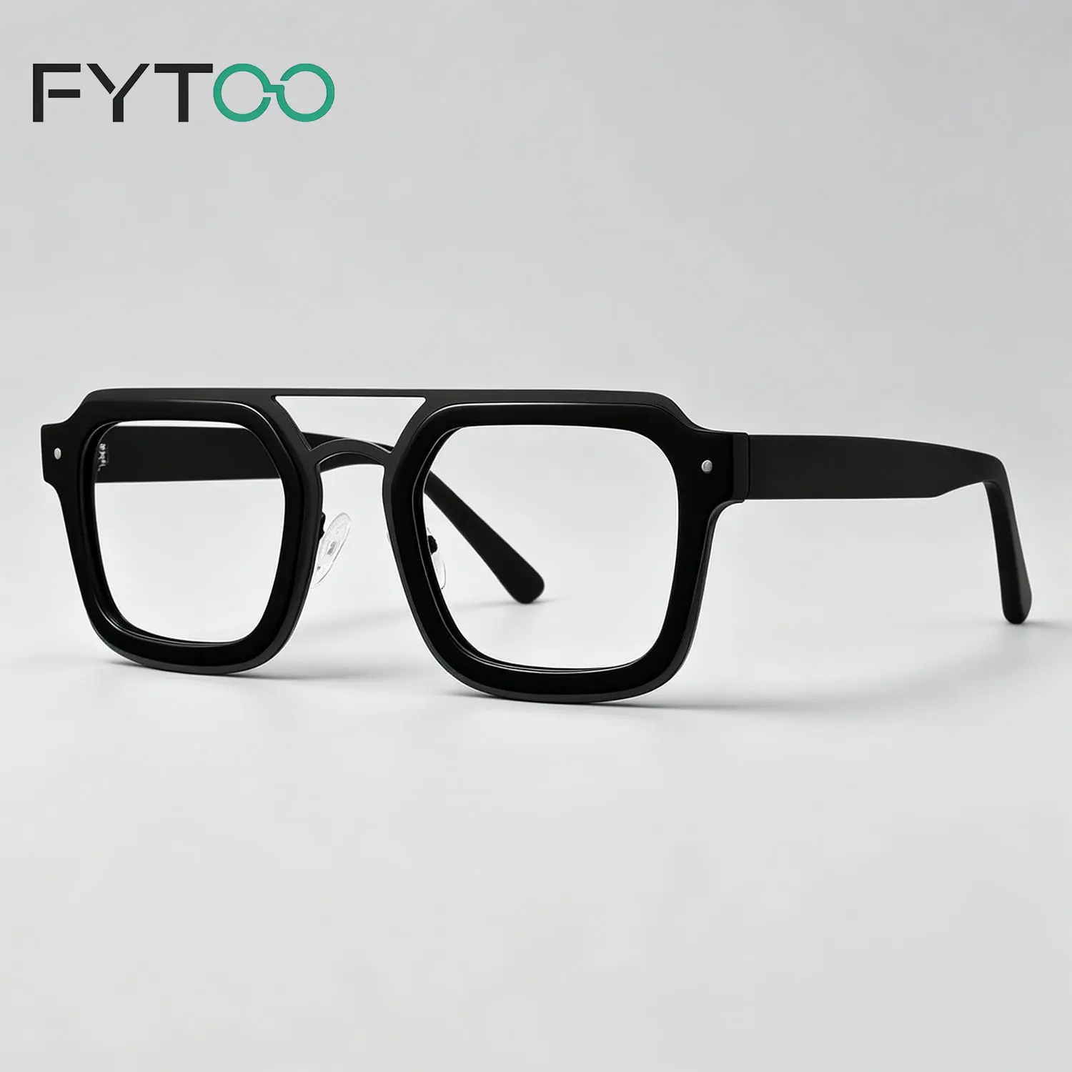 FYTOO Double Bridge Aviator Acetate Glasses Frame, Unisex Luxury Business Eyewear, Classic Black Fashion Eyeglasses for Men Women, Ideal Gift for Daily Wear 813342-01