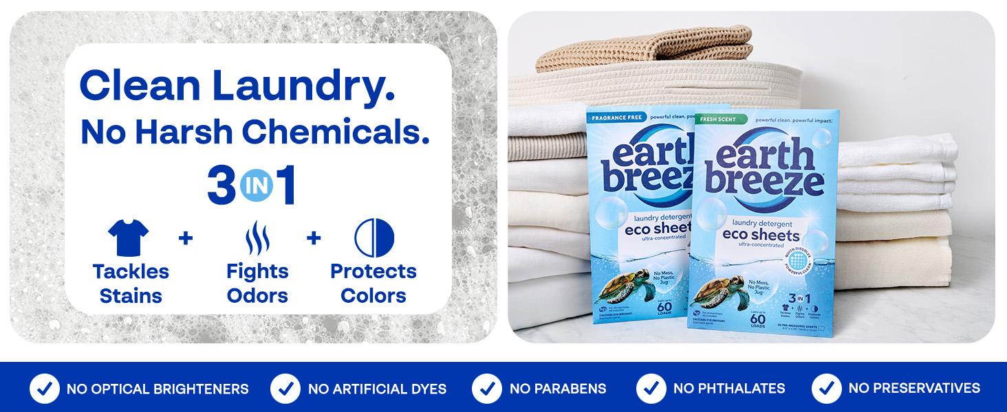 Earth Breeze Eco-Friendly Laundry Detergent Sheets: Fresh Scent, Plastic-Free, 60 Loads, Hypoallergenic, Powerful Clean