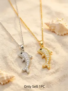 Cute Dolphin Pendant Necklace with Rhinestones, Beach Vacation Jewelry, Lockbone Chain, Perfect for Summer, Women's Fashion Accessory