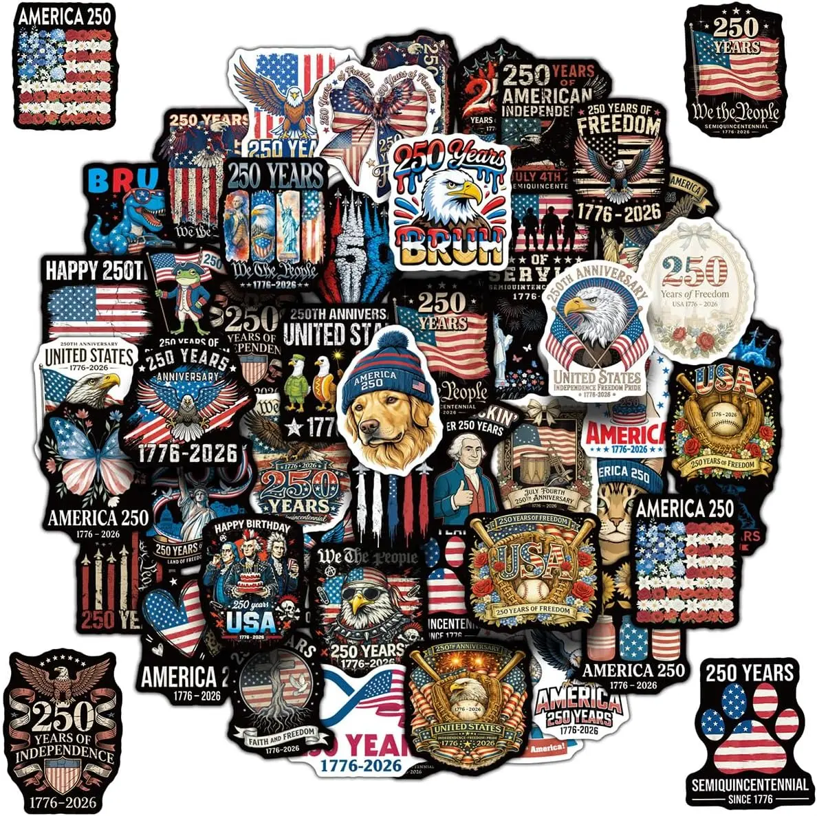 250th Anniversary Stickers, 50Pcs Patriotic Vinyl Decals, 1776-2026 America 250 Stickers Semiquincentennial Laptop Stickers, Waterproof Stickers for Water Bottle Car Luggage Party Favors