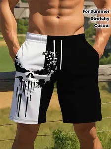 Men's Summer Elastic Casual Shorts, Skull Pattern Design, Comfortable Breathable, Outdoor Sports Fashion Choice