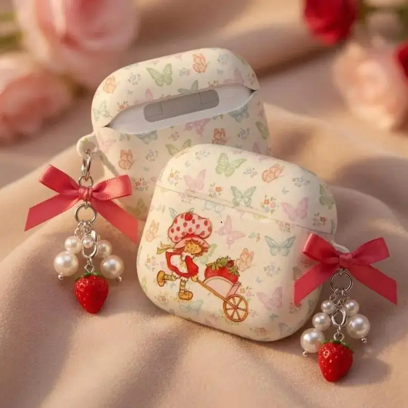 Vintage Strawberry Shortcake AirPods Case, Butterfly Kawaii Earbuds Cover, Pastel Floral AirPod Case, Protective Cover for all Airpod Gen 1 2 3 4/ Airpod Pro 1 2 3,  NO KEYCHAIN